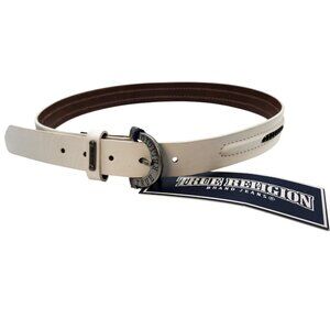 True Religion Jeans Belt Size 24 White Leather Horseshoe Buckle Western NWT